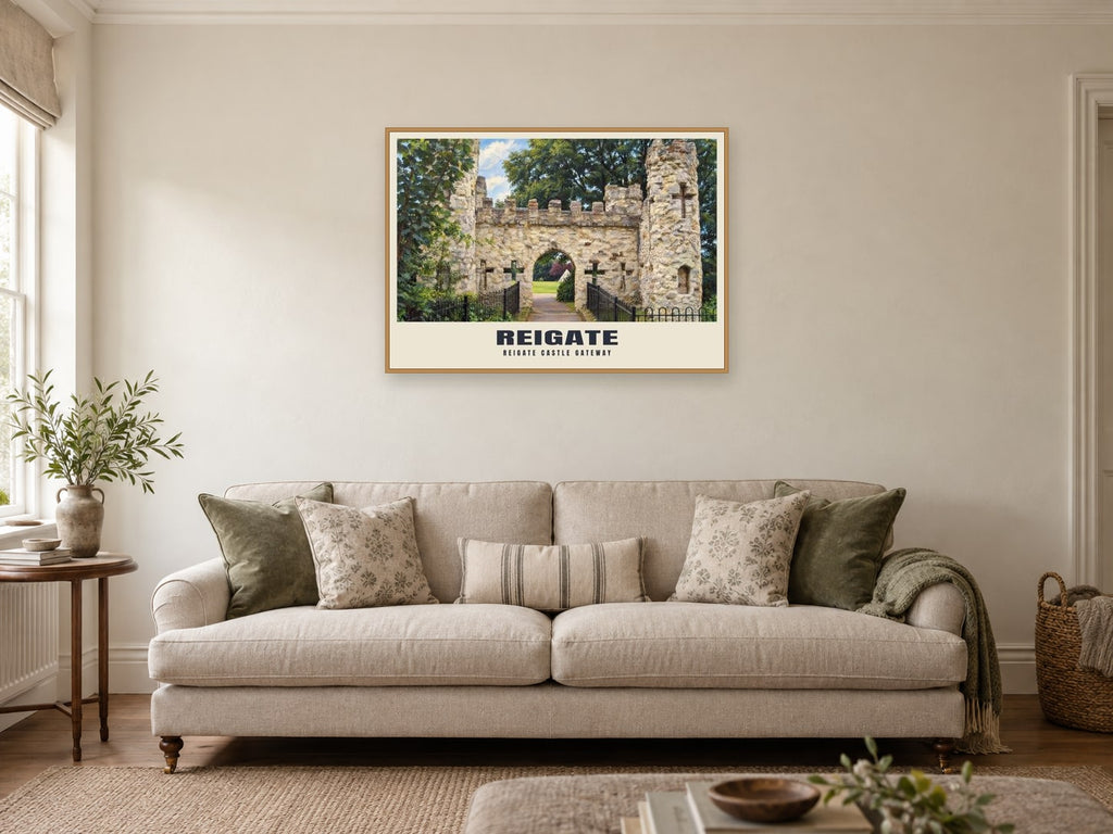 Reigate Castle Gateway Poster at A1, in a natural wood frame, in a sitting room