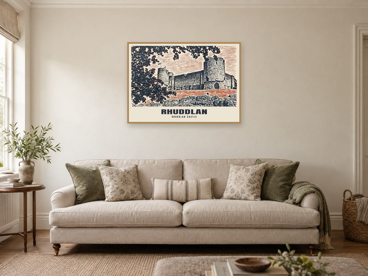 Rhuddlan Castle Poster at A1, in a natural wood frame, in a sitting room