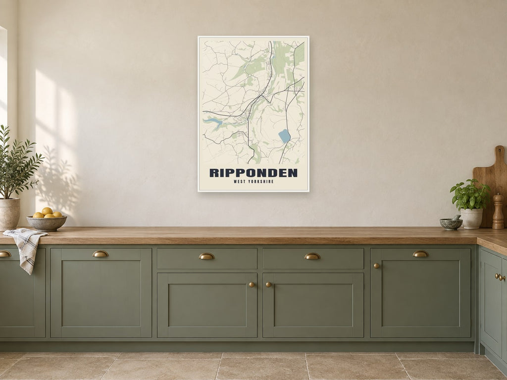 Ripponden Street Map Poster at A1, in a white frame, in a kitchen