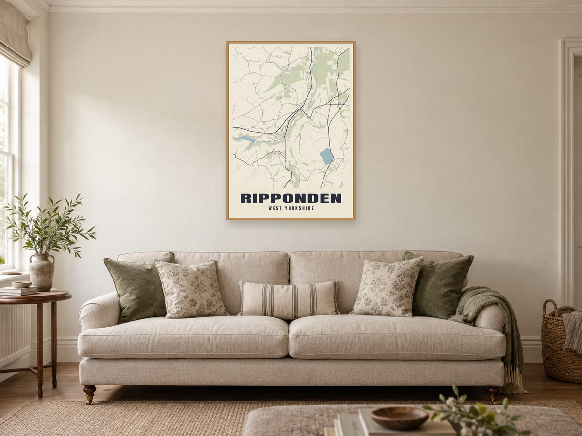 Ripponden Street Map Poster at A1, in a natural wood frame, in a sitting room