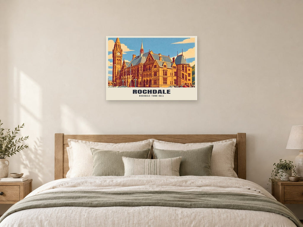 Rochdale Town Hall Poster at A1, as a poster, above a bed