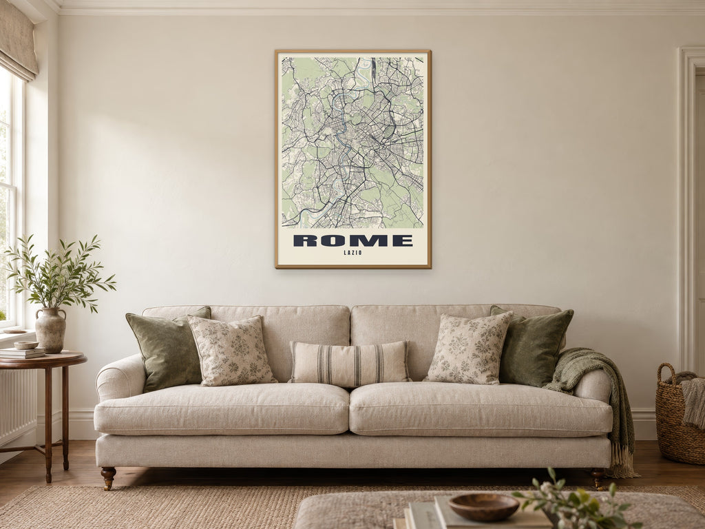 Rome Street Map Poster at A1, in a natural wood frame, in a sitting room