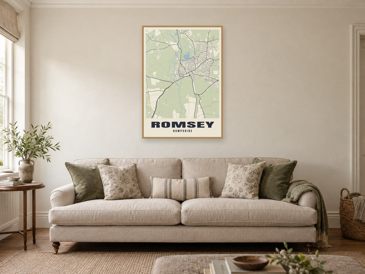Romsey Street Map Poster at A1, in a natural wood frame, in a sitting room