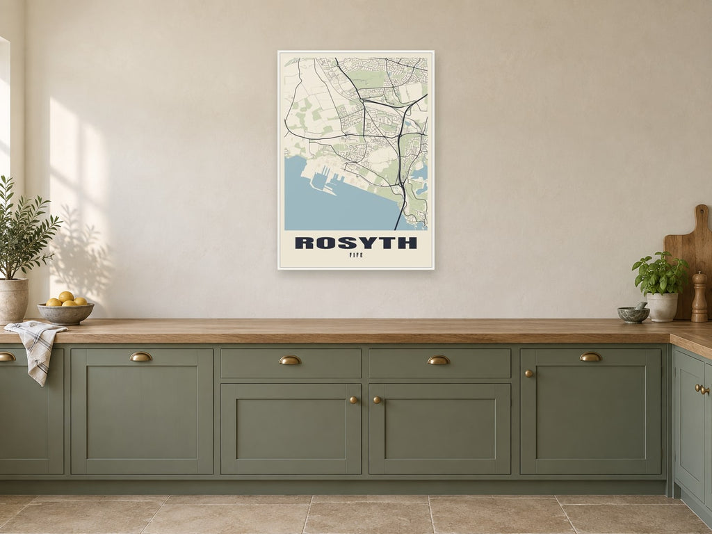 Rosyth Street Map Poster at A1, in a white frame, in a kitchen