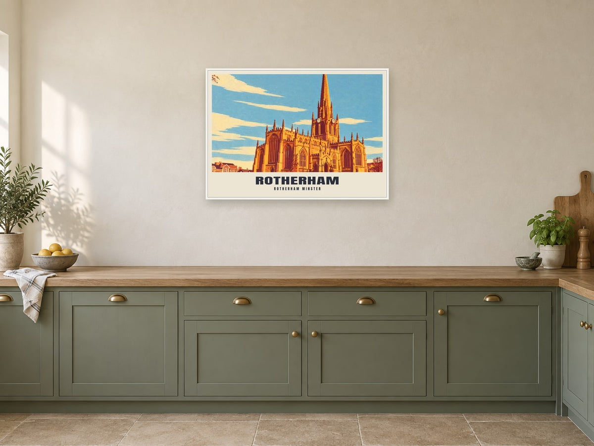 Rotherham Minster Poster at A1, in a white frame, in a kitchen