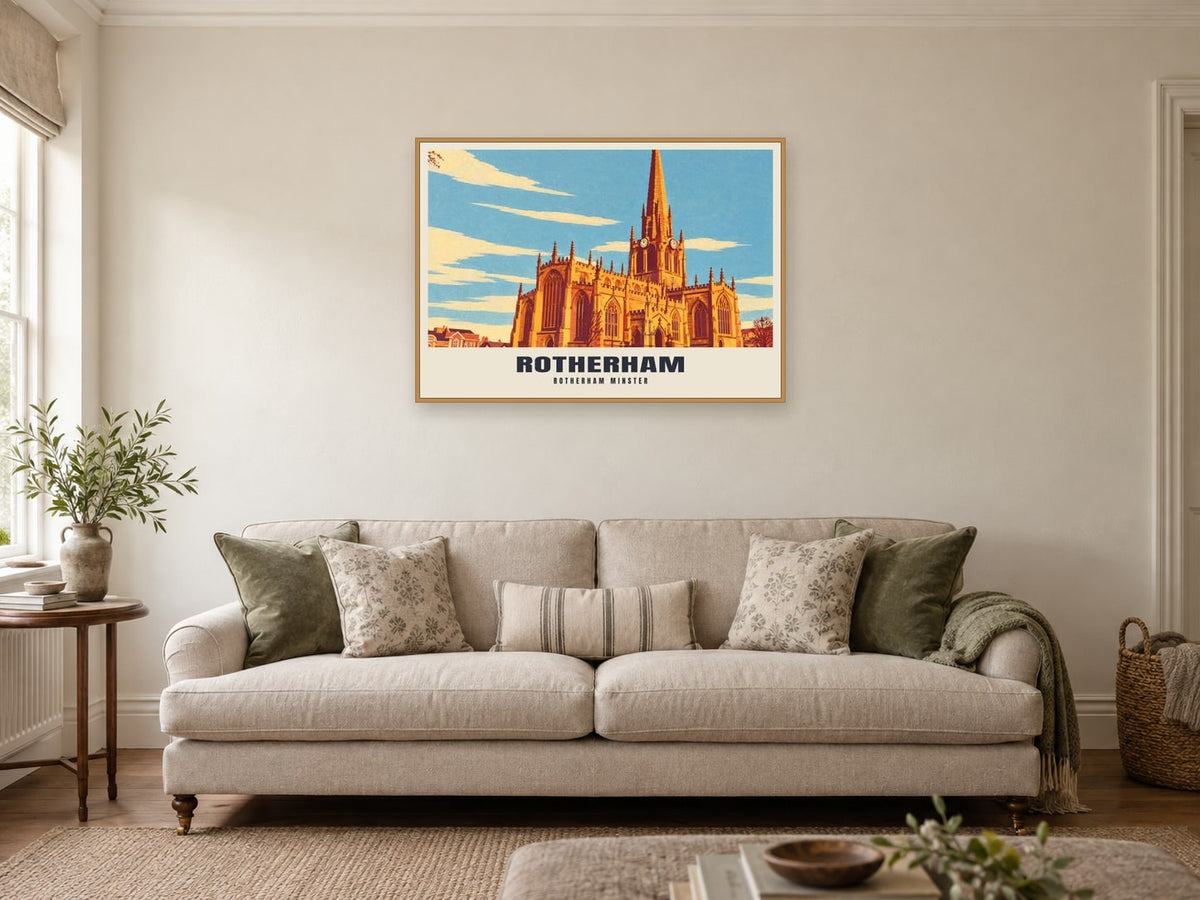 Rotherham Minster Poster at A1, in a natural wood frame, in a sitting room