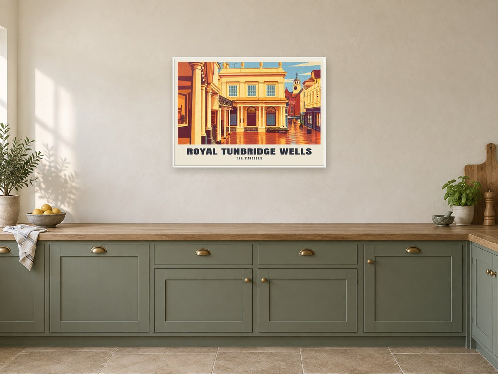 The Pantiles, Royal Tunbridge Wells Poster at A1, in a white frame, in a kitchen