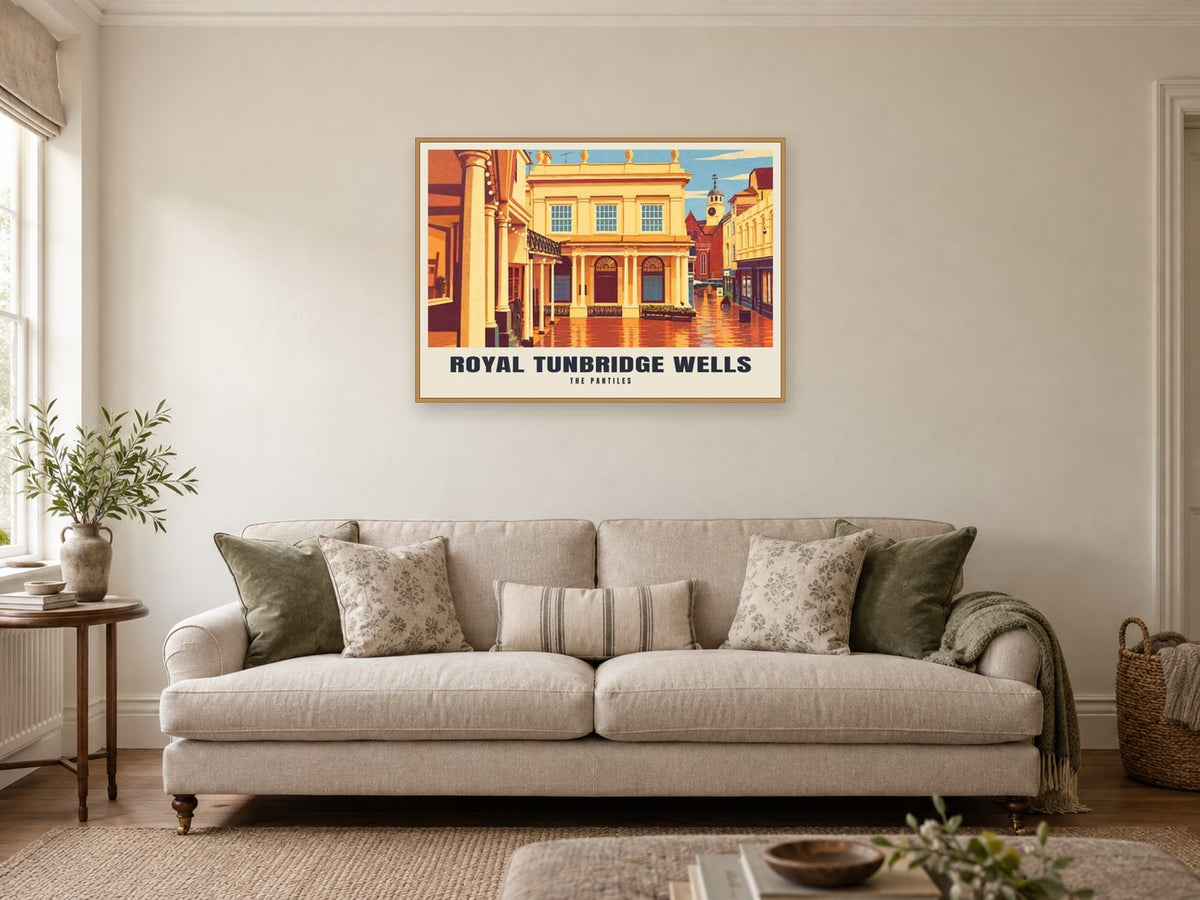 The Pantiles, Royal Tunbridge Wells Poster at A1, in a natural wood frame, in a sitting room