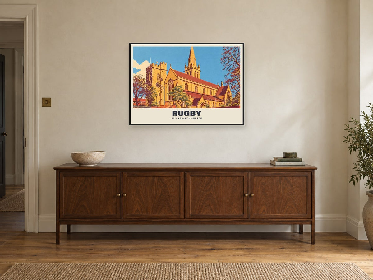 St Andrew's Church, Rugby Poster at A1, in a black frame, above a sideboard