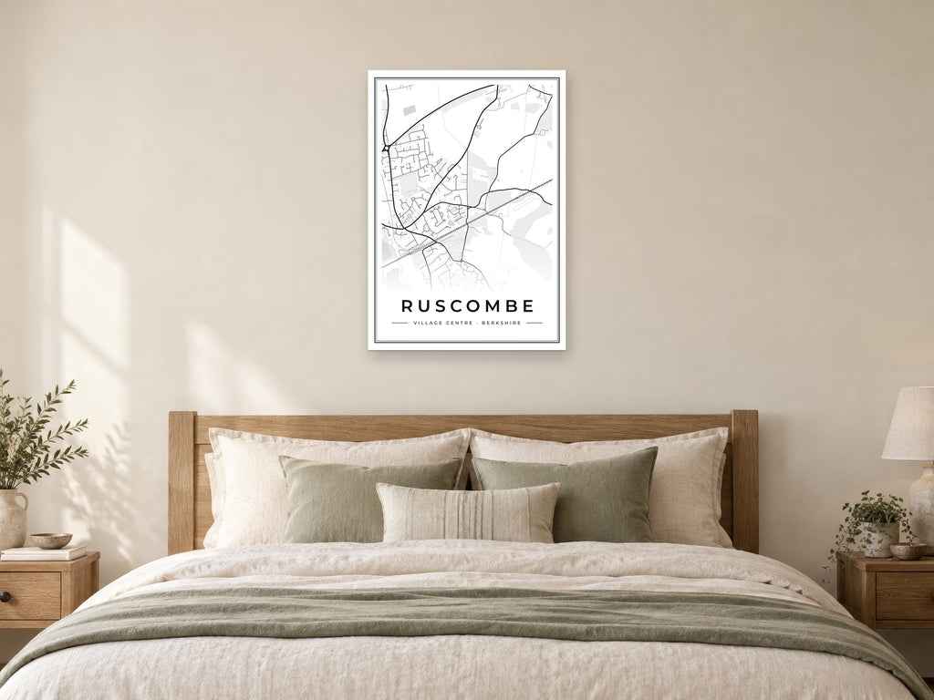 Ruscombe Village Centre Street Map Poster at A1, as a poster, above a bed