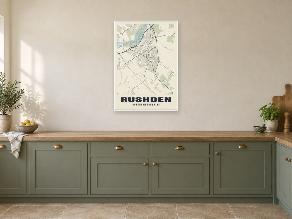 Rushden Street Map Poster at A1, in a white frame, in a kitchen