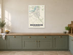 Rushden Street Map Poster at A1, in a white frame, in a kitchen
