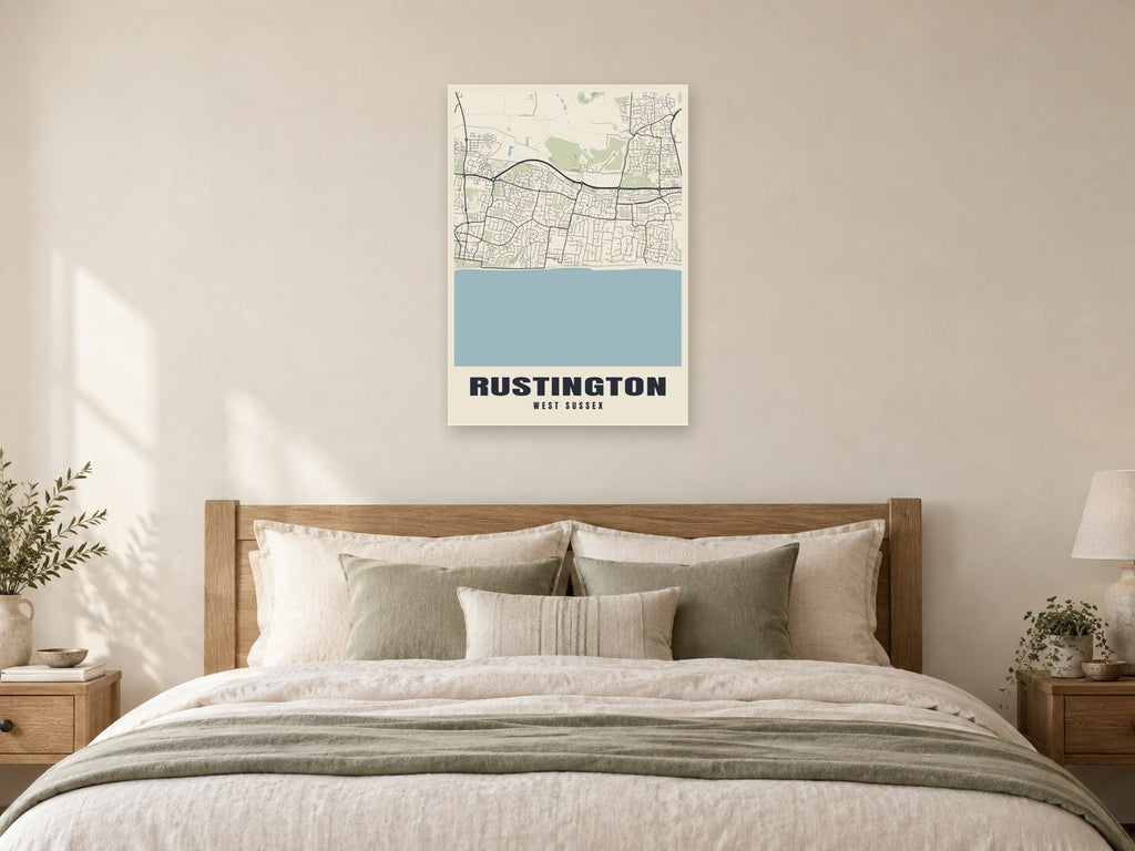 Rustington Street Map Poster at A1, as a poster, above a bed