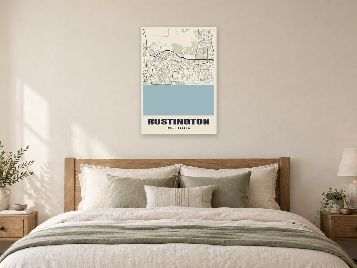 Rustington Street Map Poster at A1, as a poster, above a bed
