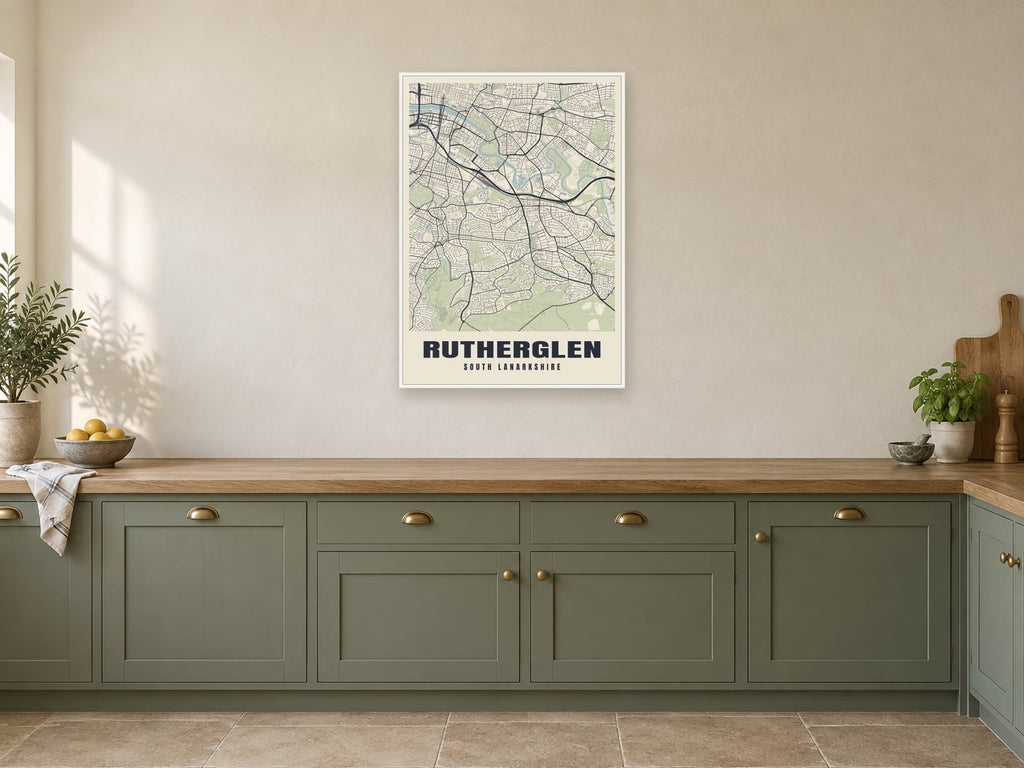 Rutherglen Street Map Poster at A1, in a white frame, in a kitchen
