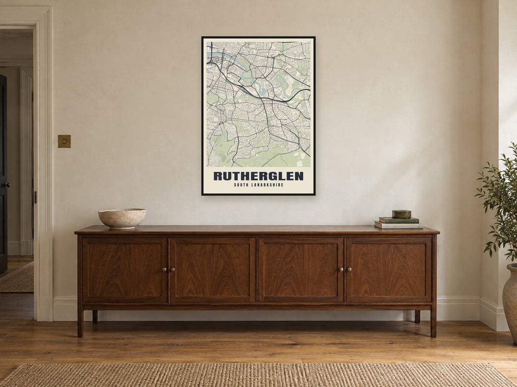 Rutherglen Street Map Poster at A1, in a black frame, above a sideboard