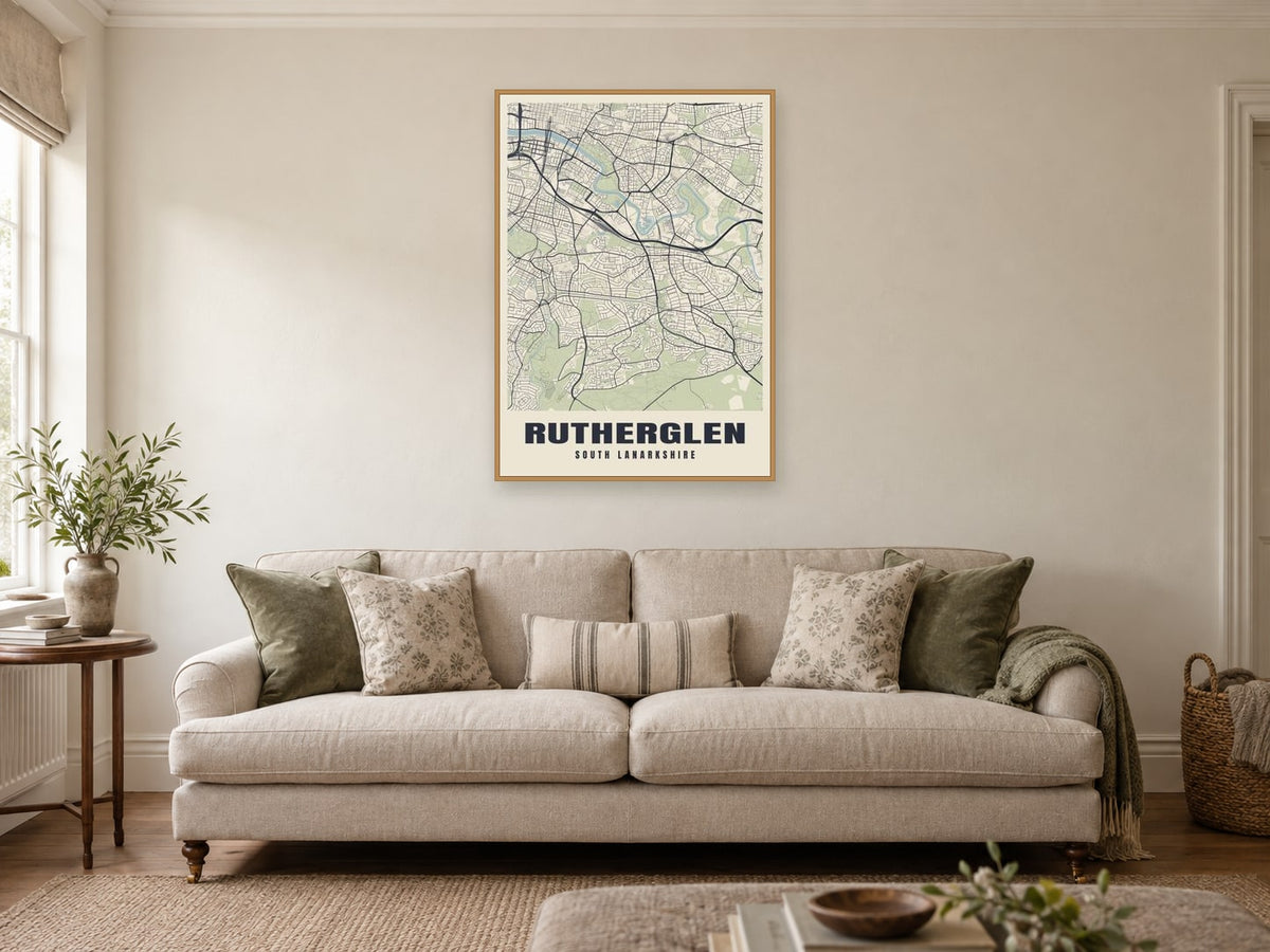 Rutherglen Street Map Poster at A1, in a natural wood frame, in a sitting room