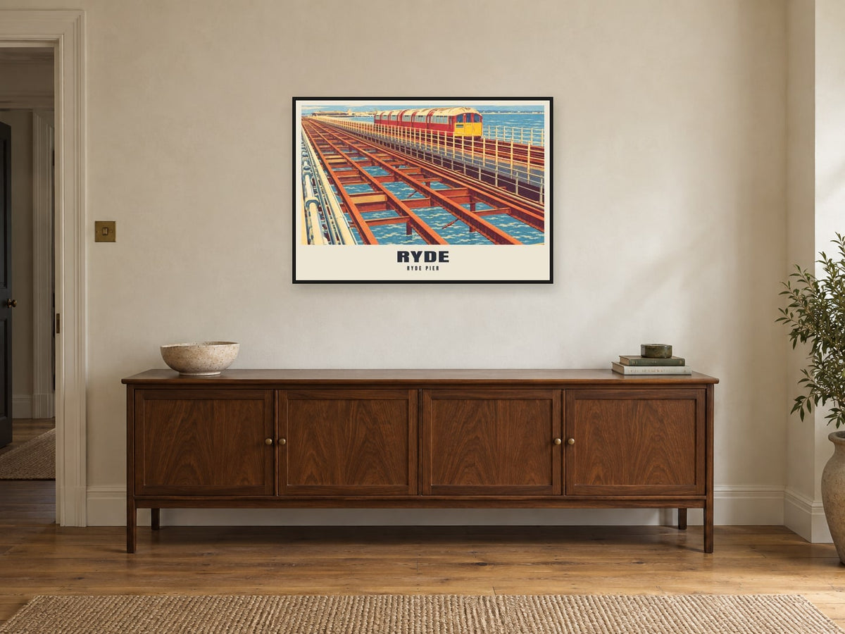Ryde Pier Poster at A1, in a black frame, above a sideboard