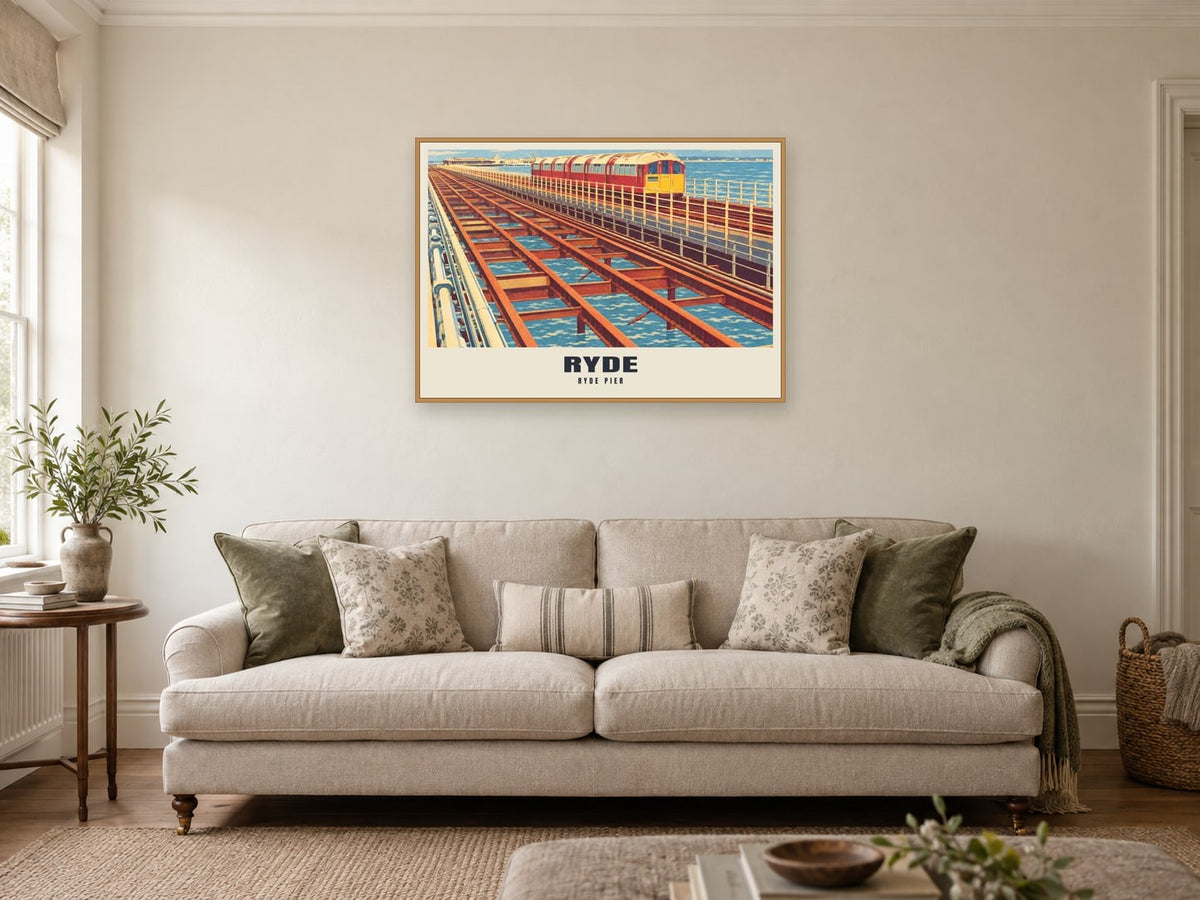 Ryde Pier Poster at A1, in a natural wood frame, in a sitting room