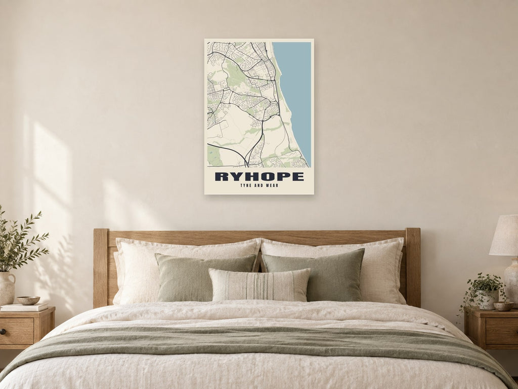 Ryhope Street Map Poster at A1, as a poster, above a bed