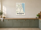 Ryhope Street Map Poster at A1, in a white frame, in a kitchen