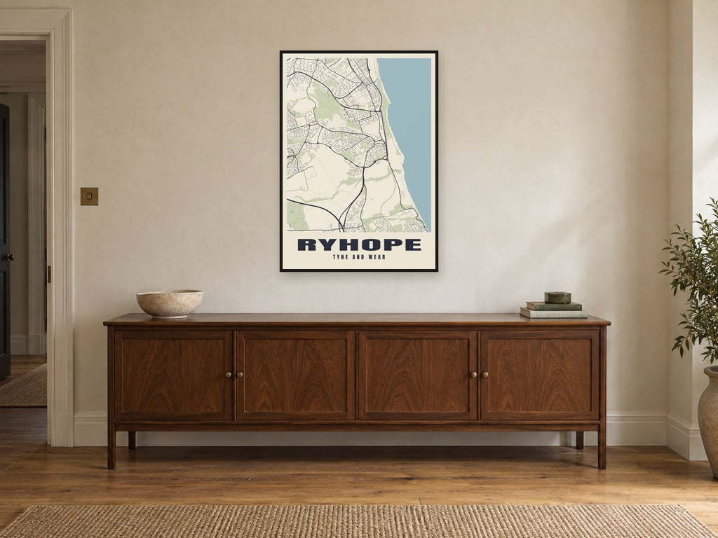 Ryhope Street Map Poster at A1, in a black frame, above a sideboard
