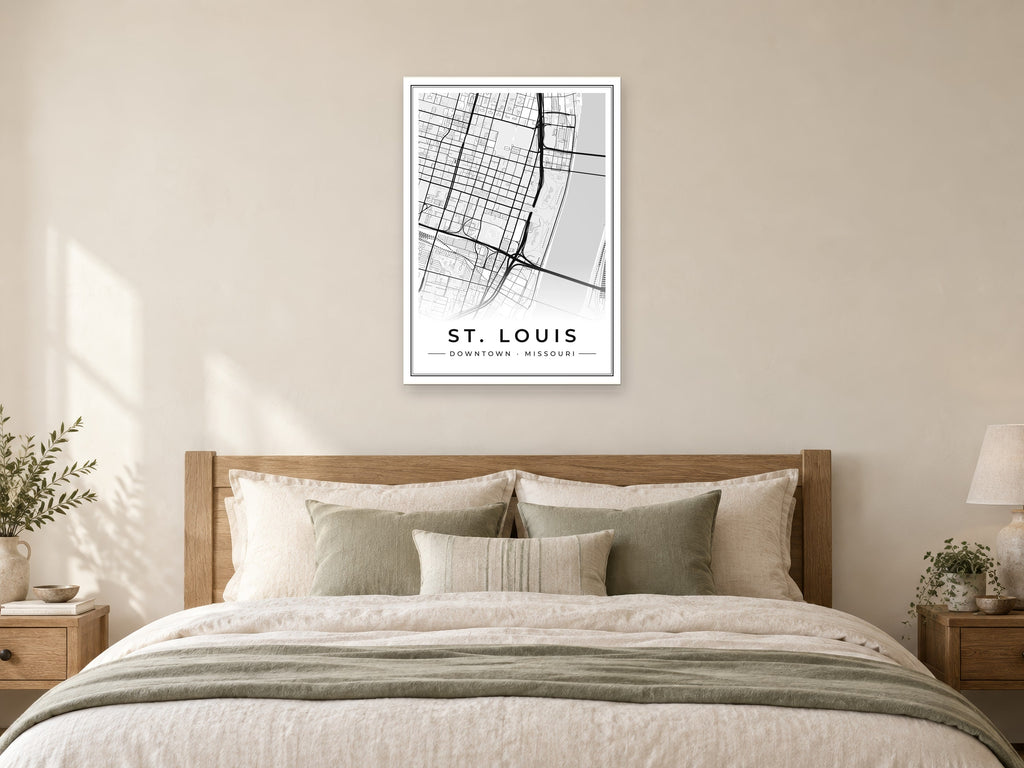 St. Louis Downtown Street Map Poster at A1, as a poster, above a bed
