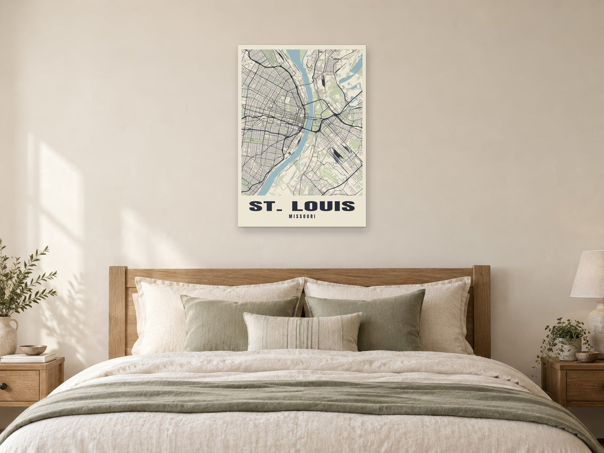 St. Louis Street Map Poster at A1, as a poster, above a bed