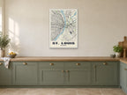 St. Louis Street Map Poster at A1, in a white frame, in a kitchen