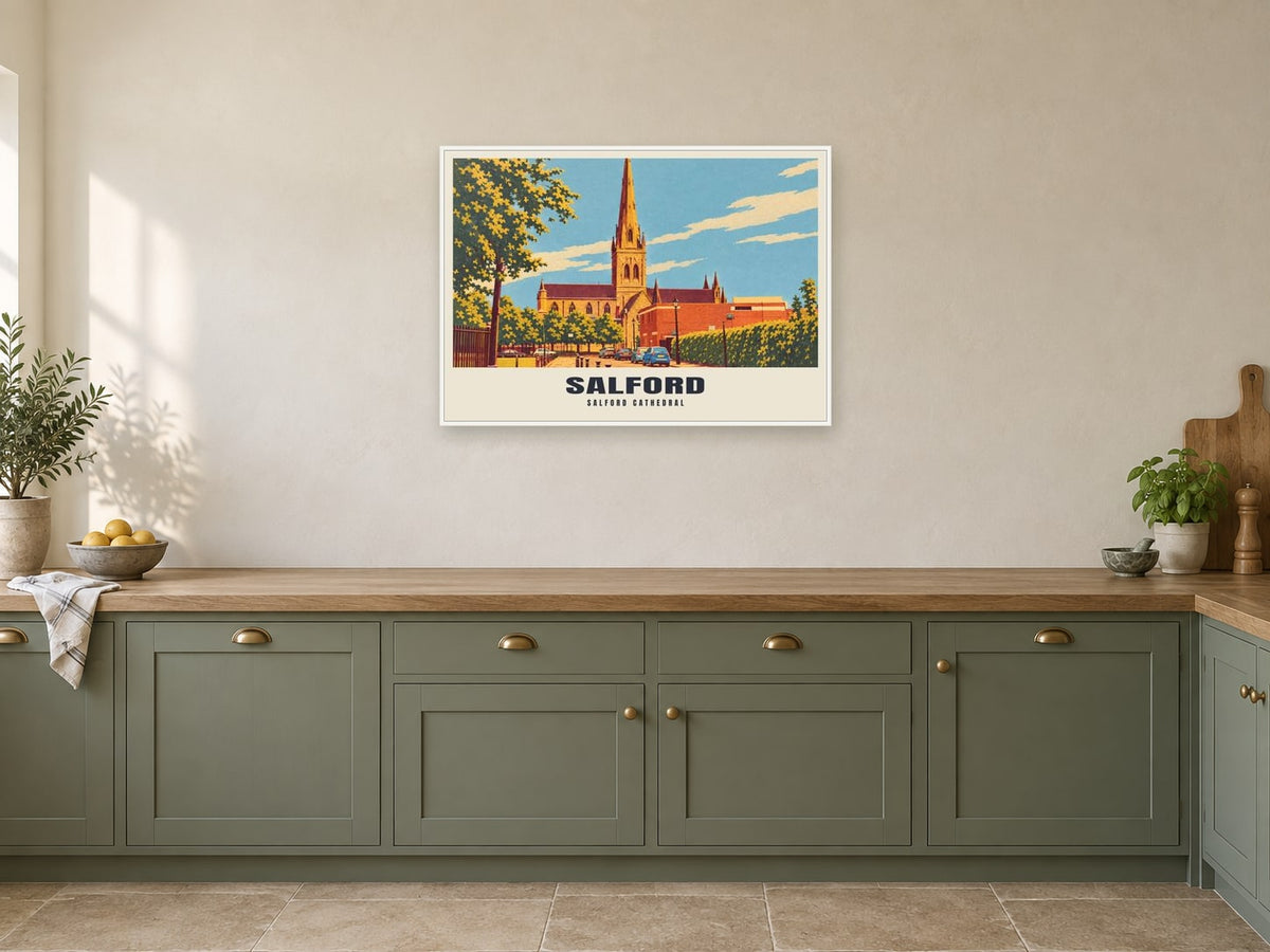 Salford Cathedral Poster at A1, in a white frame, in a kitchen