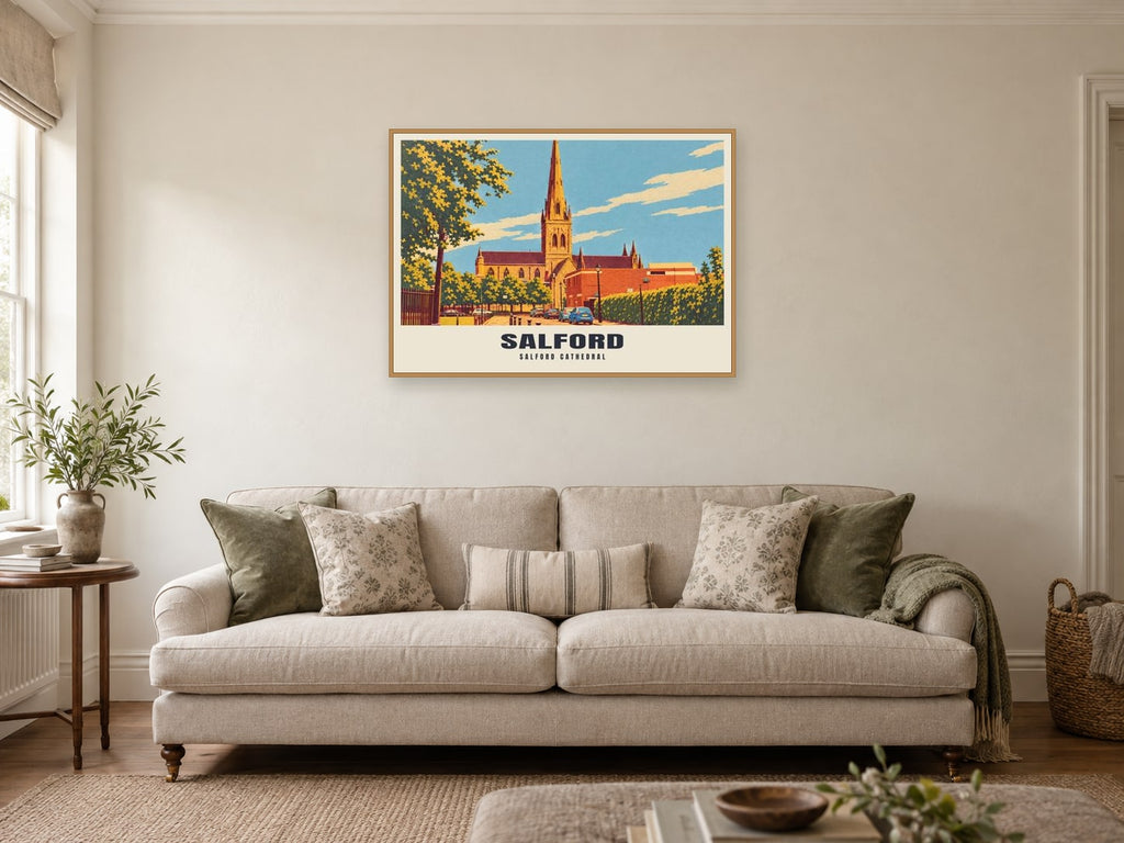 Salford Cathedral Poster at A1, in a natural wood frame, in a sitting room