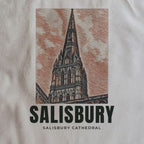 Close-up of the Salisbury Cathedral drawing and lettering printed on natural cotton