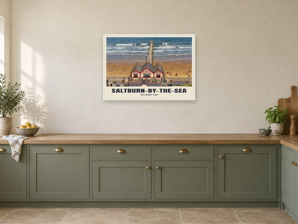 Saltburn Pier, Saltburn-by-the-Sea Poster at A1, in a white frame, in a kitchen
