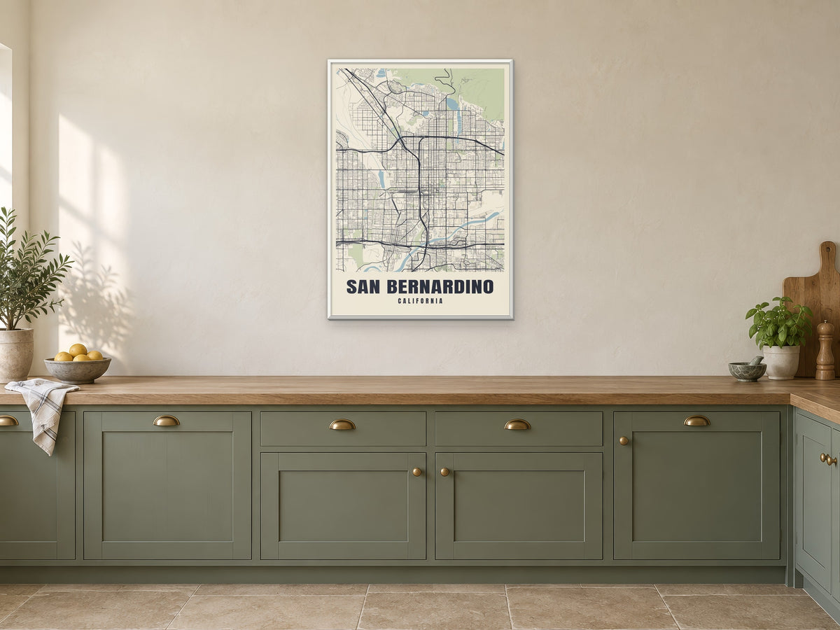 San Bernardino Street Map Poster at A1, in a white frame, in a kitchen