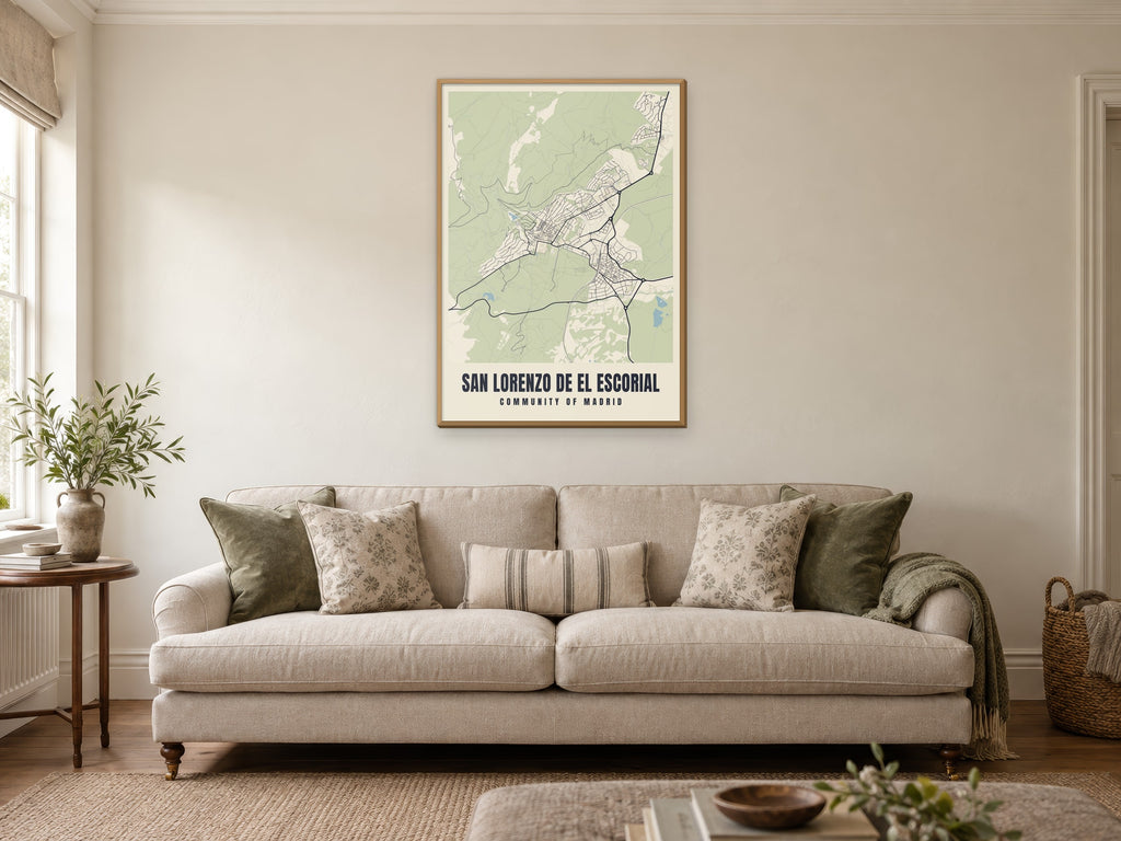 San Lorenzo de El Escorial Street Map Poster at A1, in a natural wood frame, in a sitting room