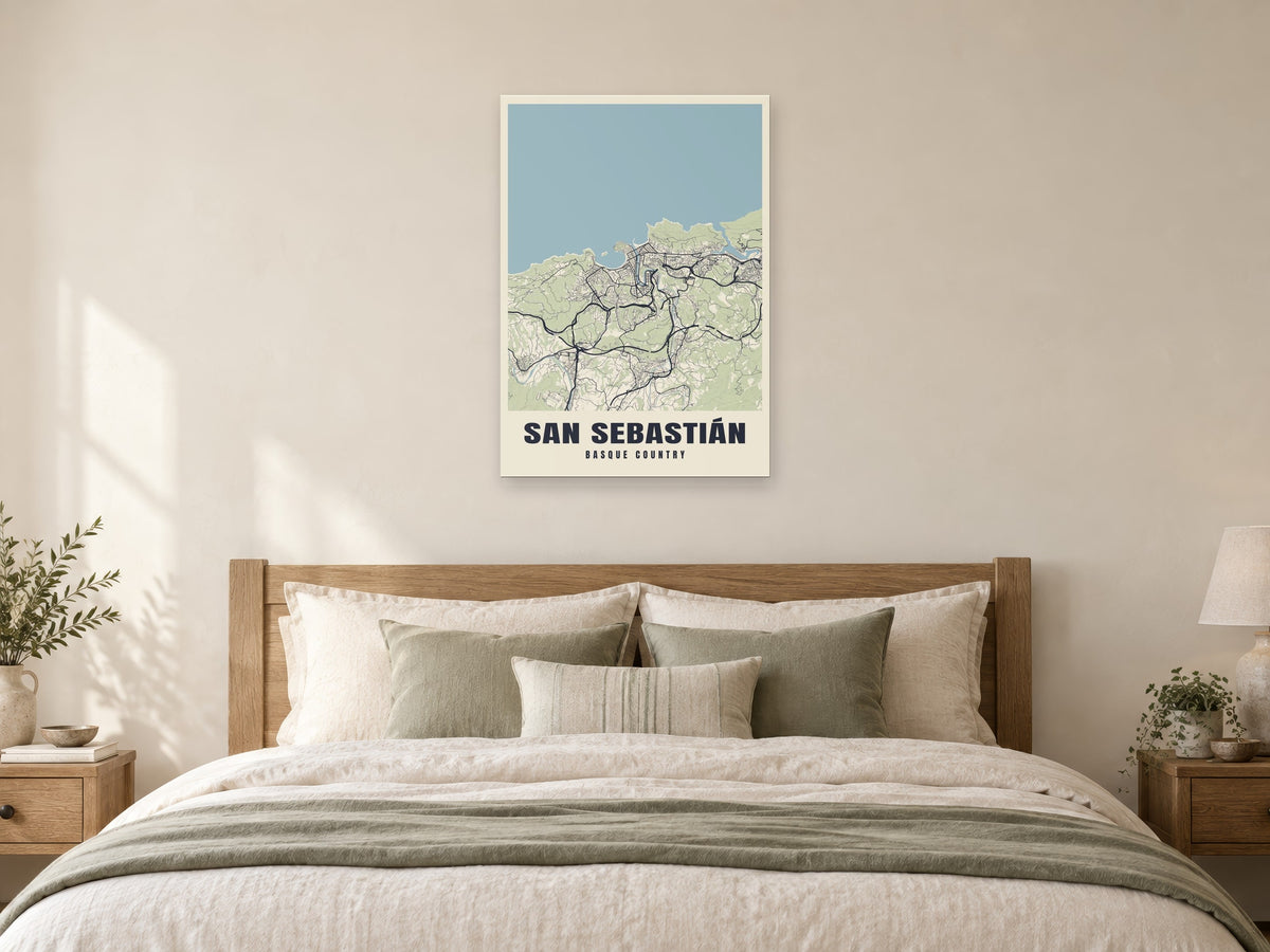 San Sebastián Street Map Poster at A1, as a poster, above a bed