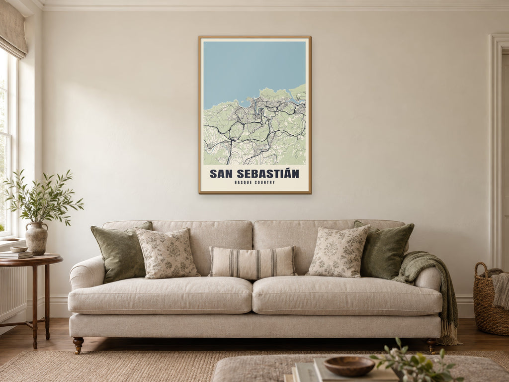 San Sebastián Street Map Poster at A1, in a natural wood frame, in a sitting room