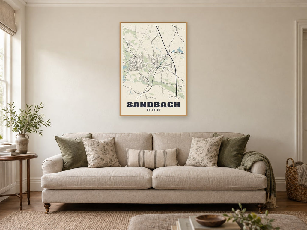 Sandbach Street Map Poster at A1, in a natural wood frame, in a sitting room