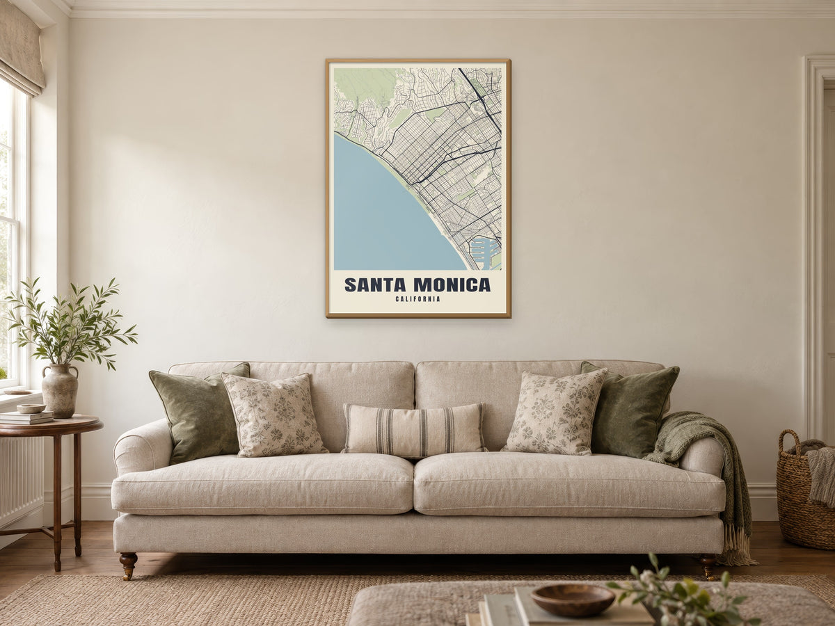 Santa Monica Street Map Poster at A1, in a natural wood frame, in a sitting room