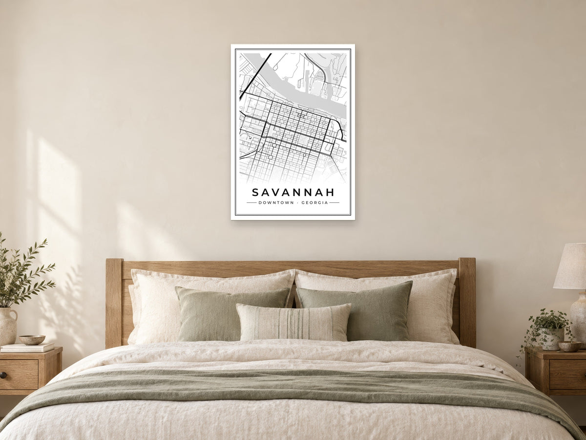 Savannah Downtown Street Map Poster at A1, as a poster, above a bed