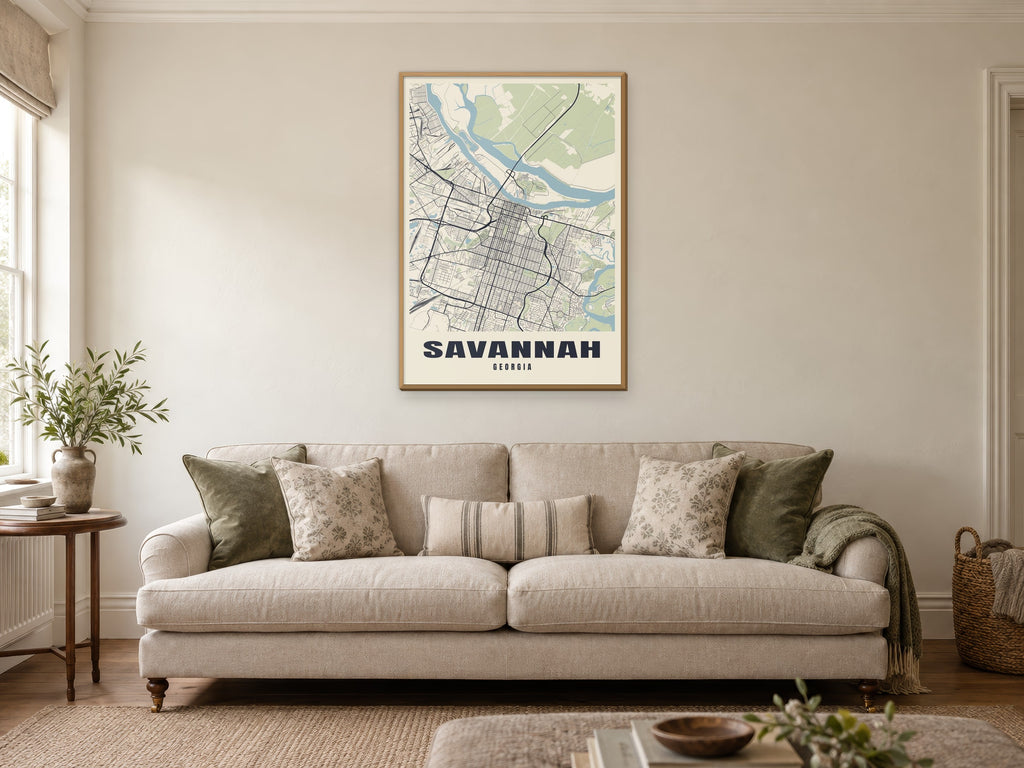 Savannah Street Map Poster at A1, in a natural wood frame, in a sitting room