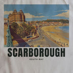 Close-up of the South Bay, Scarborough drawing and lettering printed on natural cotton