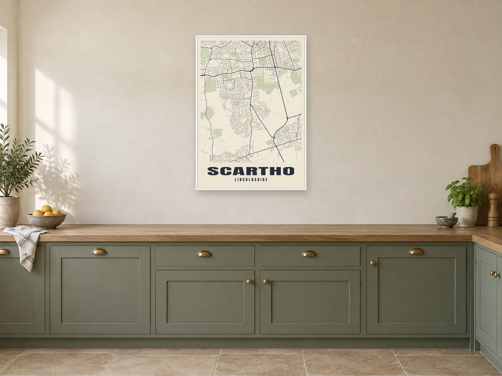 Scartho Street Map Poster at A1, in a white frame, in a kitchen