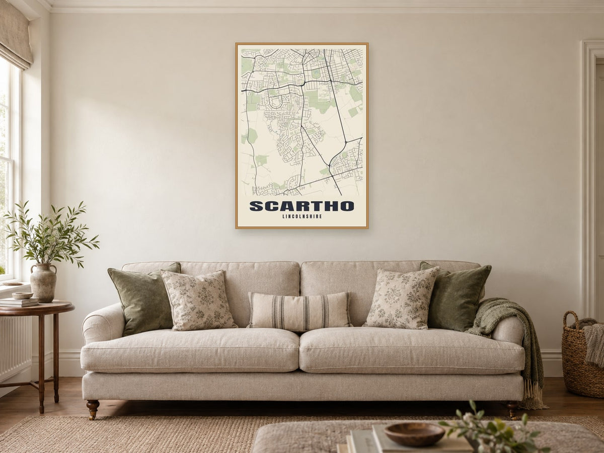 Scartho Street Map Poster at A1, in a natural wood frame, in a sitting room