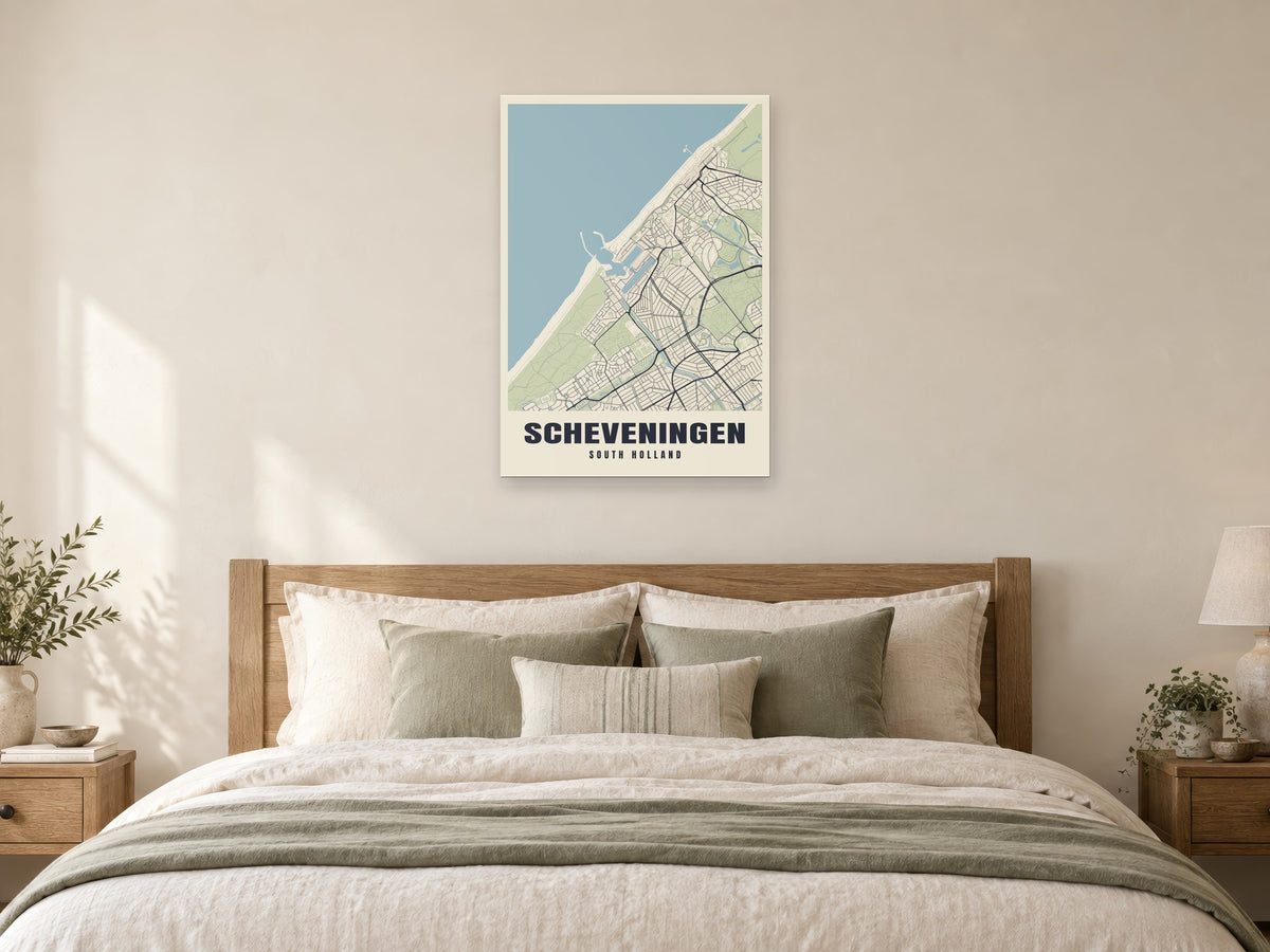 Scheveningen Street Map Poster at A1, as a poster, above a bed