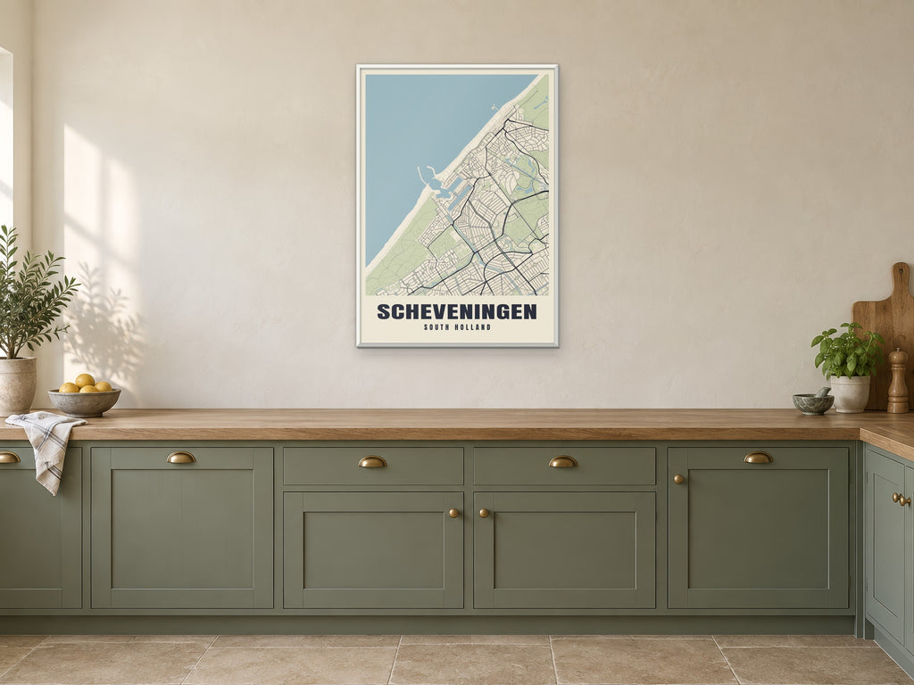 Scheveningen Street Map Poster at A1, in a white frame, in a kitchen