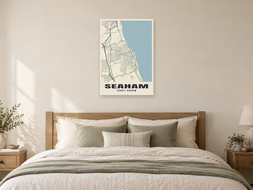 Seaham Street Map Poster at A1, as a poster, above a bed