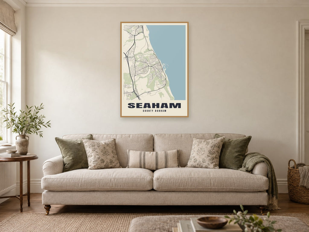 Seaham Street Map Poster at A1, in a natural wood frame, in a sitting room