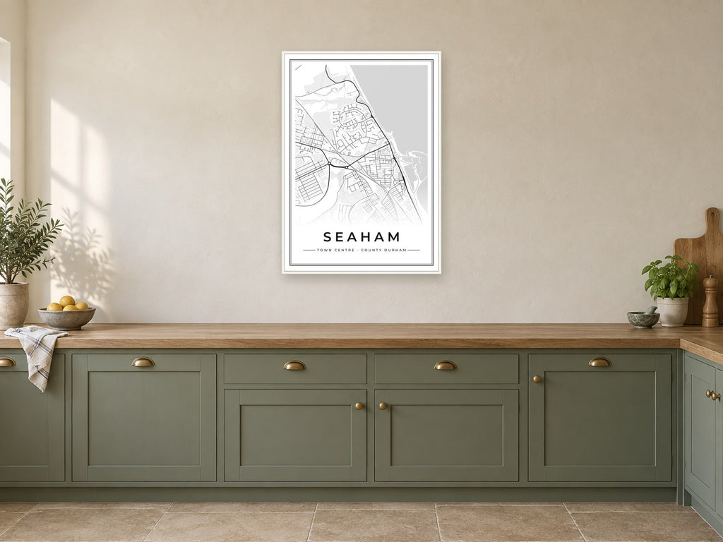 Seaham Town Centre Street Map Poster at A1, in a white frame, in a kitchen