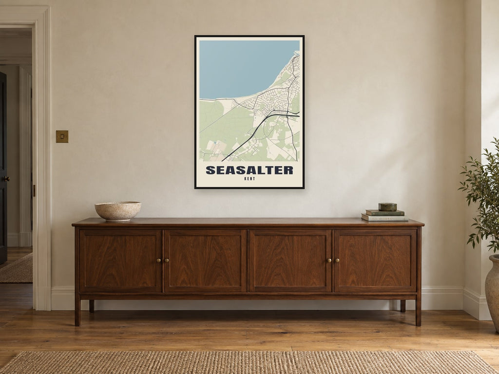Seasalter Street Map Poster at A1, in a black frame, above a sideboard